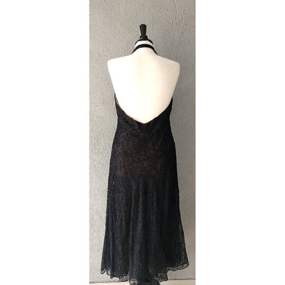 Carmen Marc Valvo Signature Halter Lace Beaded Silk Black Evening Dress Size 12 - Picture 4 of 7